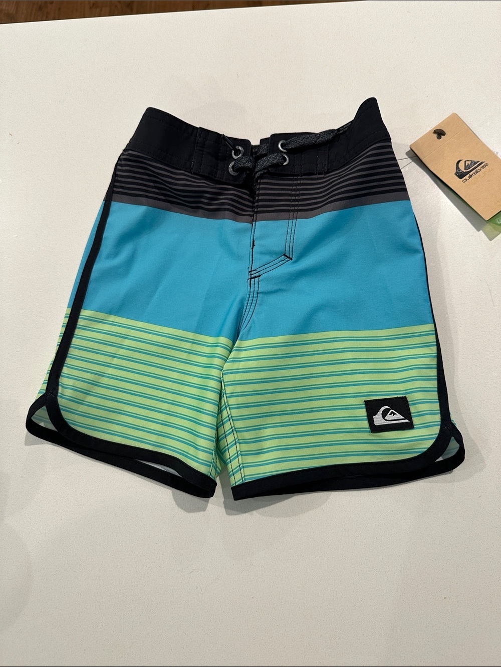 Quiksilver Blue & Lime Striped Boys' Boardshorts. Size 2